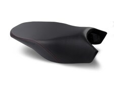 REVolution Seat by Sargent on the BMW R 1200/1250 GS/GSA Rallye Seat with CFX and Red double-stitch.